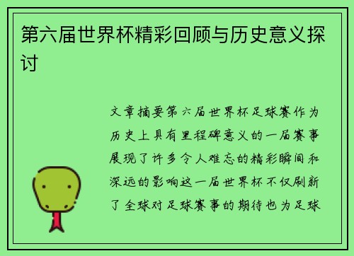 第六届世界杯精彩回顾与历史意义探讨
